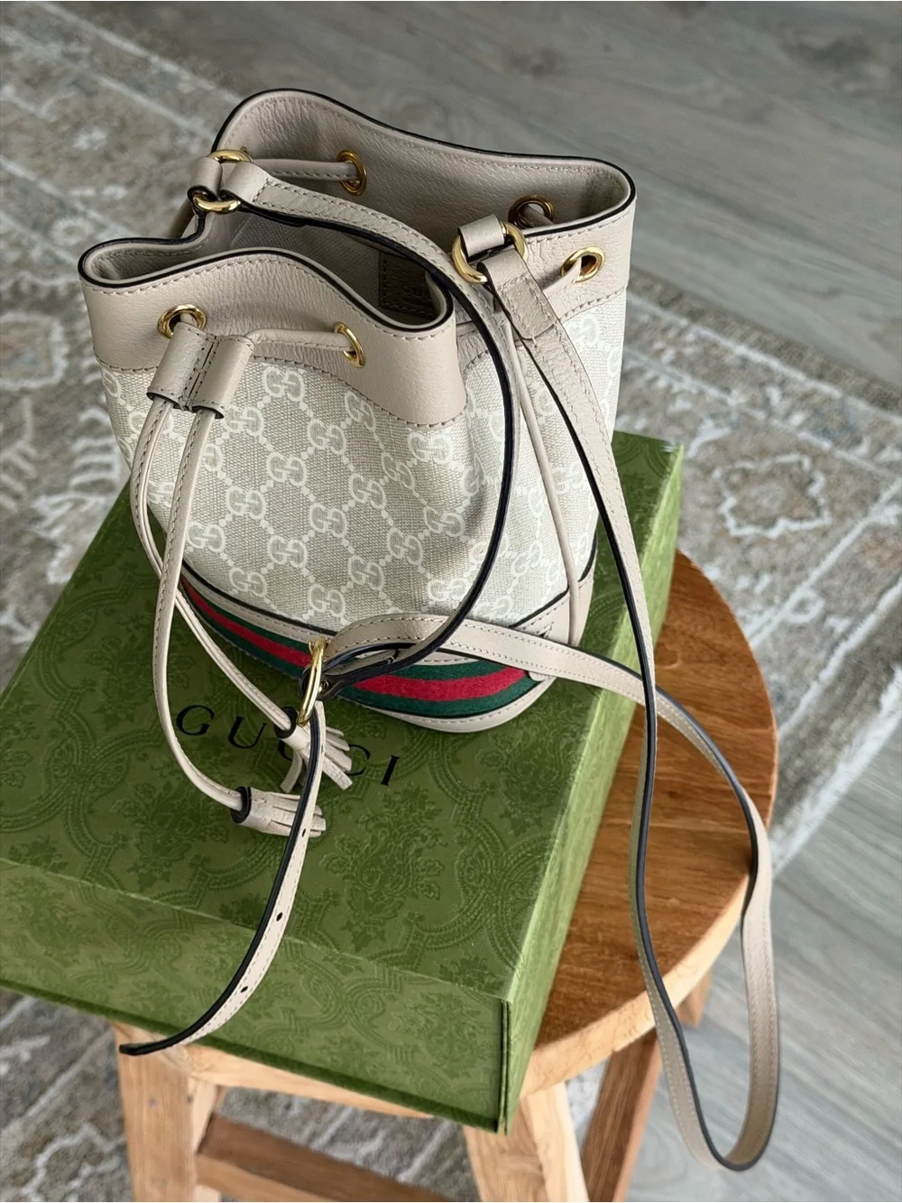Gucci Cream GG Canvas Drawstring Crossbody with Red & Green Web